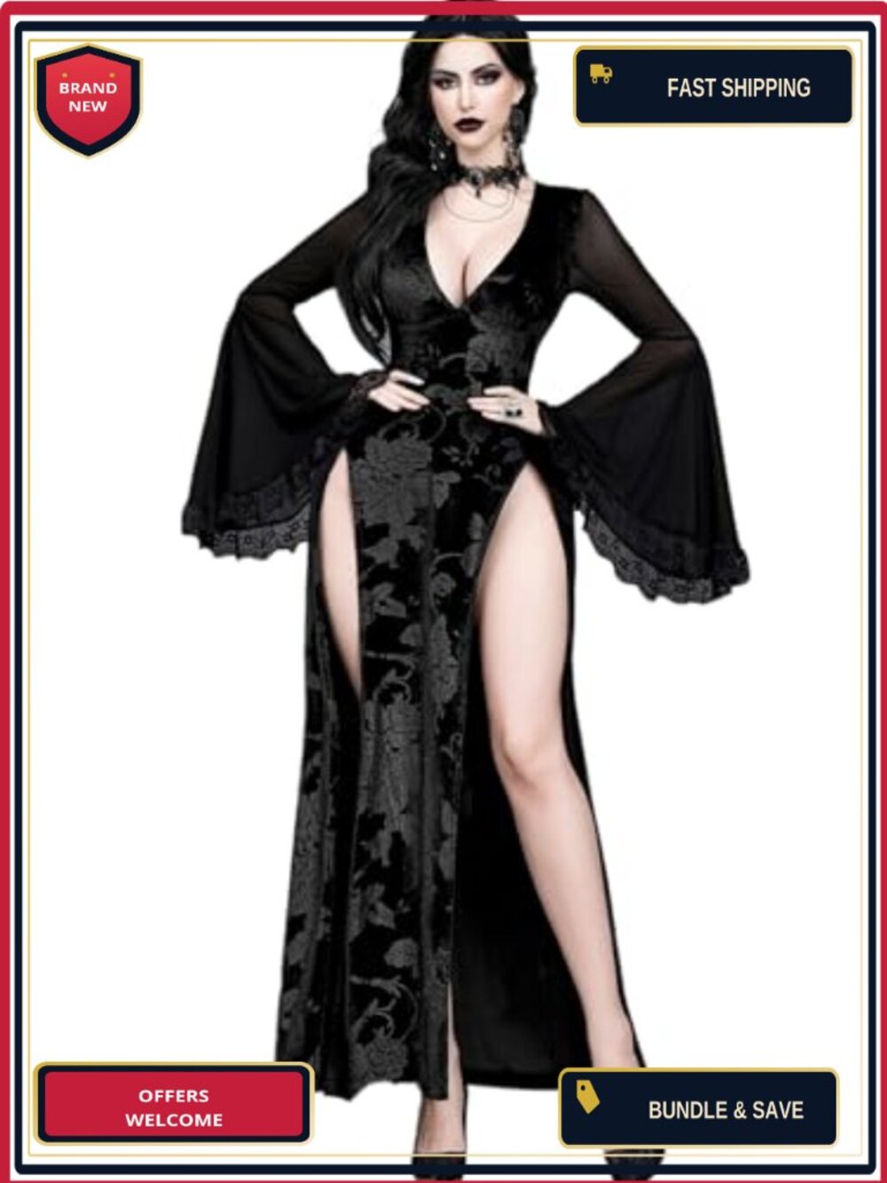 Gothic High Slit Maxi Dress Lace Embroidered Corset V-Neck Party Gown - Picture 1 of 6